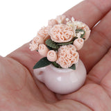 Maxbell Mini Wooden Coffe Table & Carnation Rose Flower Plant w/ Pot Fit 1/12 Dollhouse