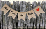 Maxbell Rustic Wedding Burlap Bunting Banner "Here Comes The Bride"+Mr & Mrs Cake Topper