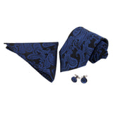 Maxbell Mens Necktie Woven Silk Tie Hanky & Cufflinks Set Wedding Party Neckwear Dark Blue