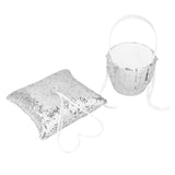 Maxbell Ring Pillow&Basket Set Sequin Rhinestone Wedding Decor Ribbon Flower -Silver