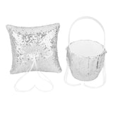 Maxbell Ring Pillow&Basket Set Sequin Rhinestone Wedding Decor Ribbon Flower -Silver
