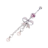 Maxbell Crystal Barbell Butterfly Bow Pearl Dangle Navel Belly Ring Piercing Jewelry