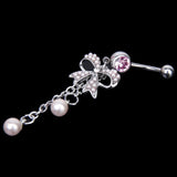 Maxbell Crystal Barbell Butterfly Bow Pearl Dangle Navel Belly Ring Piercing Jewelry