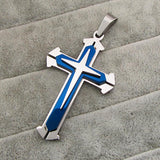 Maxbell Goth 3-layer Stainless Steel Silver Blue Cross Crucifix Pendant Dangle Necklace w/ Chain Christian Unisex