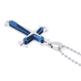 Maxbell Goth 3-layer Stainless Steel Silver Blue Cross Crucifix Pendant Dangle Necklace w/ Chain Christian Unisex