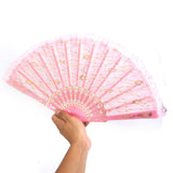 Chinese Foldable Dual Lace Trim Hand Fan Wing Chun Dancing Fan Pink