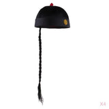 Maxbell 4 Piece Adult Men Black Chinese Oriental Cap with Ponytail Party Costume Hat