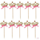 Maxbell 30 Pieces Pretty Crown Cake Topper Food Picks with Ribbon Pink and Gold