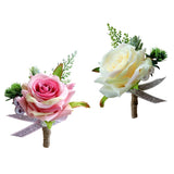 Maxbell 2pcs Wedding Party Rose Silk Flower Boutonniere Corsage Fushia & Champagne