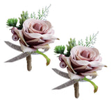 2Pcs Romantic Wedding Party Rose Silk Flower Boutonniere Corsage Dusty Pink