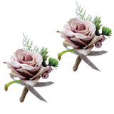2Pcs Romantic Wedding Party Rose Silk Flower Boutonniere Corsage Dusty Pink