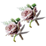 2Pcs Romantic Wedding Party Rose Silk Flower Boutonniere Corsage Dusty Pink