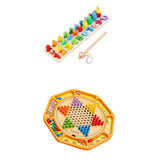 Chinese Checkers 12" Wooden Chessboard with Wooden Fishing Toy for Kids Play
