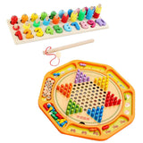Chinese Checkers 12" Wooden Chessboard with Wooden Fishing Toy for Kids Play