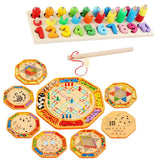 Chinese Checkers 12" Wooden Chessboard with Wooden Fishing Toy for Kids Play