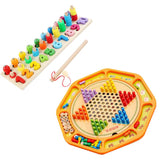 Chinese Checkers 12" Wooden Chessboard with Wooden Fishing Toy for Kids Play