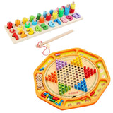 Chinese Checkers 12" Wooden Chessboard with Wooden Fishing Toy for Kids Play