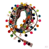 Maxbell 3pcs 1 Yard Ethnic Style Fringed Lace Jacquard Ribbon with Pompom Ball Trims