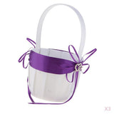 Maxbell 3pcs Satin Wedding Flower Girl Basket Double Heart Rhinestone Decor Purple