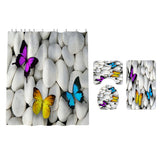Maxbell 4 Pieces Butterfly Pebbles Shower Curtain Set w/ Bath Rug Toilet Lid Cover