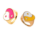 Maxbell 2 Pieces Trendy Love Heart Rings Yin Yang Theme for Female Women Girl Daily