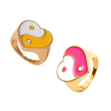 Maxbell 2 Pieces Trendy Love Heart Rings Yin Yang Theme for Female Women Girl Daily