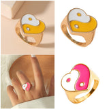 Maxbell 2 Pieces Trendy Love Heart Rings Yin Yang Theme for Female Women Girl Daily