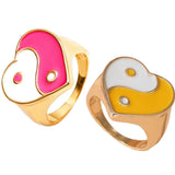 Maxbell 2 Pieces Trendy Love Heart Rings Yin Yang Theme for Female Women Girl Daily