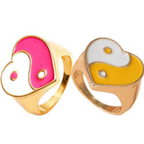 Maxbell 2 Pieces Trendy Love Heart Rings Yin Yang Theme for Female Women Girl Daily