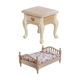 Maxbell 1/12 Dollhouse Wooden Bedroom Bedside Table+Mini Double Bed