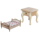 Maxbell 1/12 Dollhouse Wooden Bedroom Bedside Table+Mini Double Bed