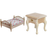 Maxbell 1/12 Dollhouse Wooden Bedroom Bedside Table+Mini Double Bed