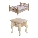 Maxbell 1/12 Dollhouse Wooden Bedroom Bedside Table+Mini Double Bed