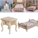 Maxbell 1/12 Dollhouse Wooden Bedroom Bedside Table+Mini Double Bed