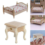 Maxbell 1/12 Dollhouse Wooden Bedroom Bedside Table+Mini Double Bed