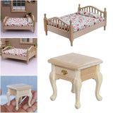 Maxbell 1/12 Dollhouse Wooden Bedroom Bedside Table+Mini Double Bed