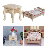 Maxbell 1/12 Dollhouse Wooden Bedroom Bedside Table+Mini Double Bed