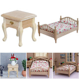 Maxbell 1/12 Dollhouse Wooden Bedroom Bedside Table+Mini Double Bed