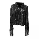 Maxbell 2xWomen's Sequin Jacket Shiny Lapel Coat for Cosplay Exhibition Beach Vacation black