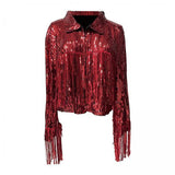 Maxbell 2xWomen's Sequin Jacket Shiny Lapel Coat for Cosplay Exhibition Beach Vacation red