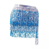 Maxbell 4xGlitter Belly Dance Hip Skirt Tassel Scarf for Stage Performance Rumba Samba Silver and Blue