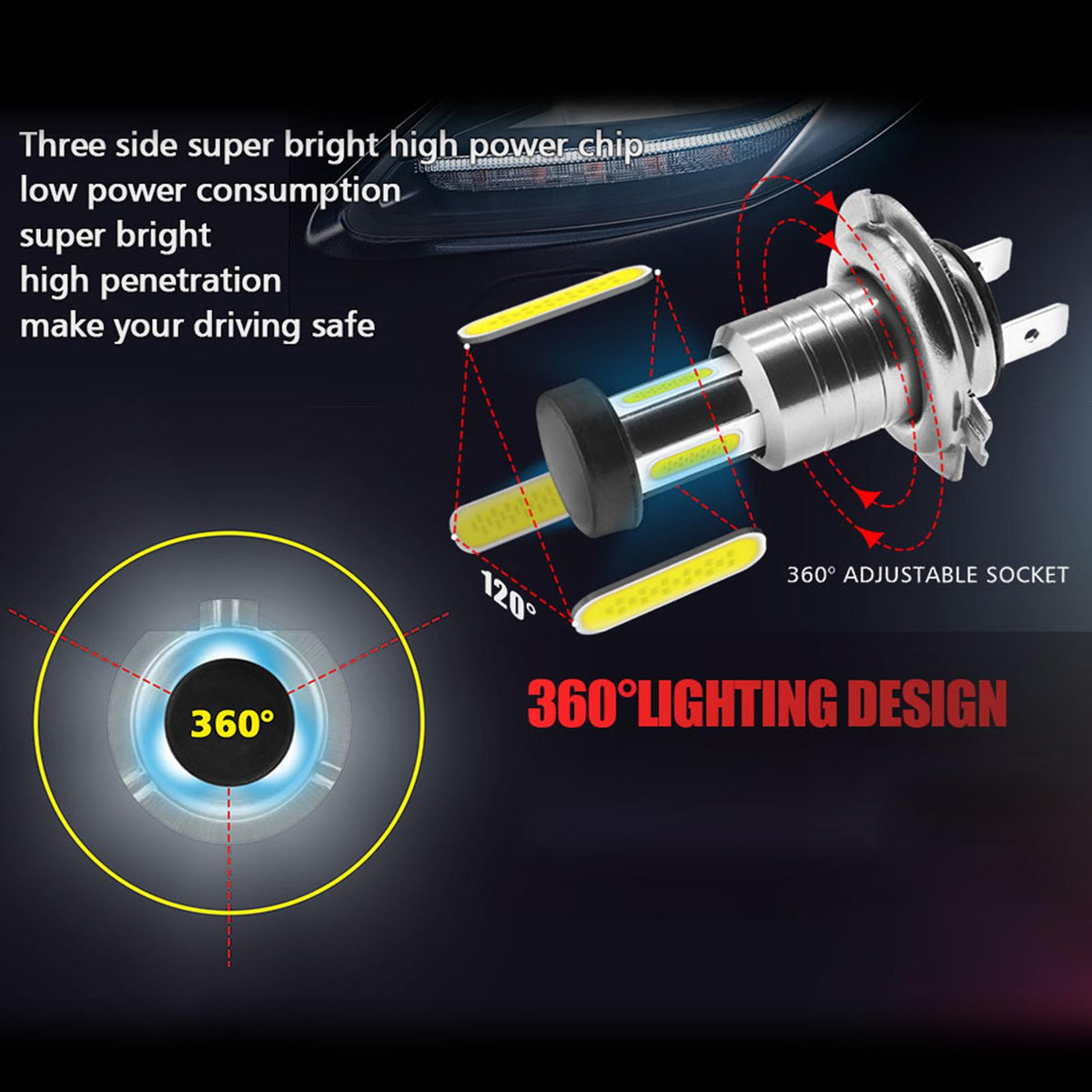 Maxbell Maxbell 2x Car LED Headlight Bulbs DC9V-32V 13000LM 3 Sides 360 Lighting H8 H9 H11