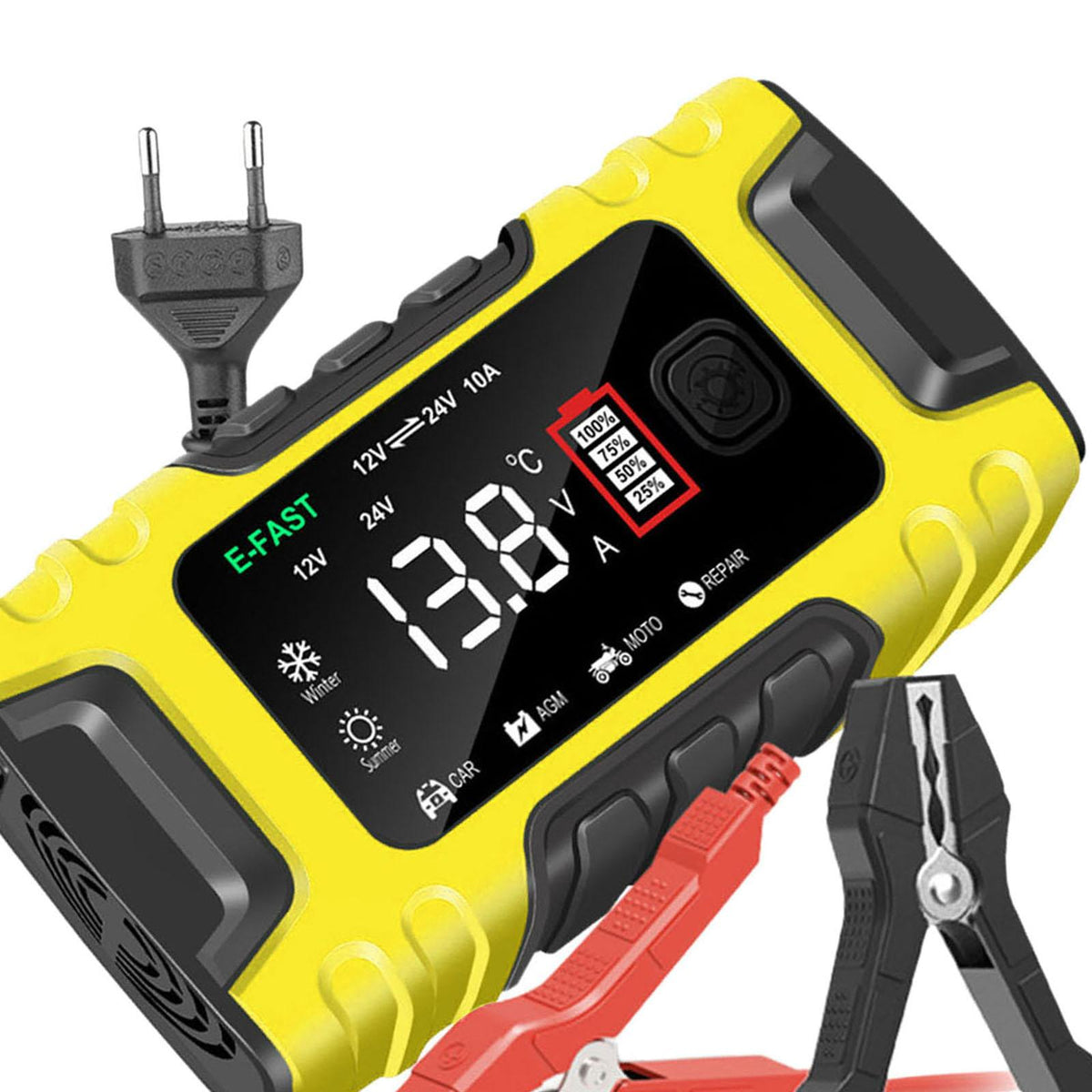 Maxbell 12V 10A Digital Display Battery Charger for Trucks Automotive Car Yellow