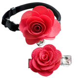 Maxbell Maxbell Dog Cat Puppy Rose Flower Lace Bell Hair Pin Bows Neck Tie Collar Set Rosy