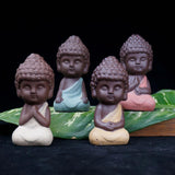 Maxbell 4 Pieces Tea Tray Decor - Little Monk Buddha Ceramic Statues Holder Tea Pet