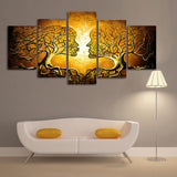 Maxbell 5 Panels HD Modern Abstract Paintings Home Decor Yellow Face Tree Branch