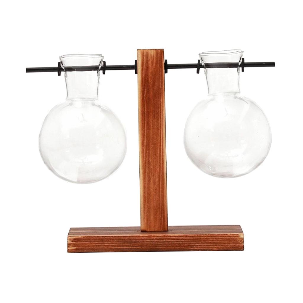 Maxbell Maxbell Desktop Clear Glass Planter Bulb Vase with Retro Solid Wooden Stand Style2