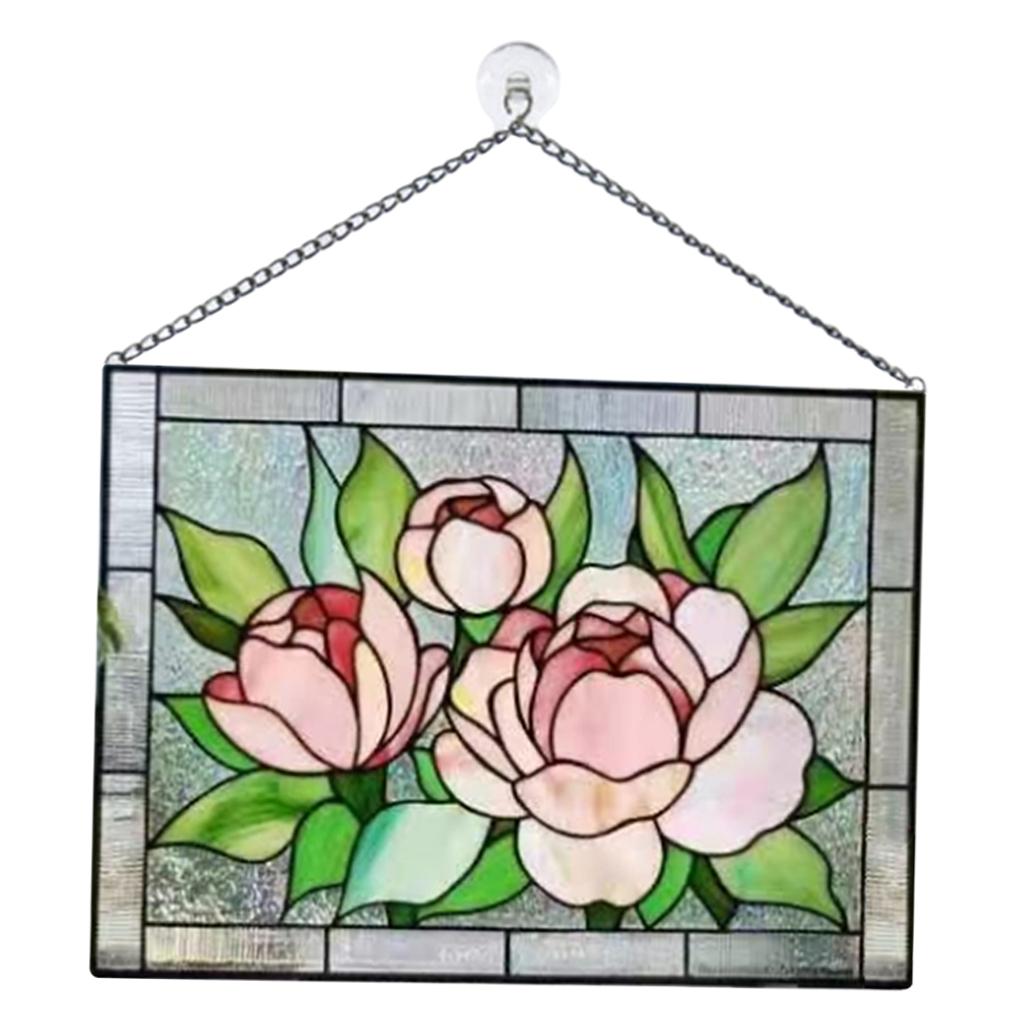 Maxbell Maxbell Stained Glass Rectangle Window Panel Suncatcher Wall Decor Peony
