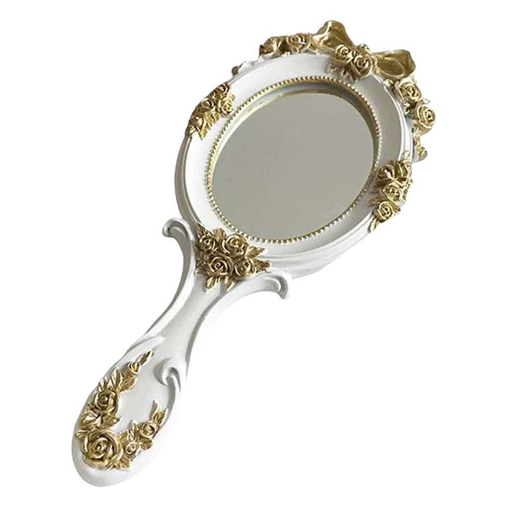 Maxbell Handheld Mirror with Embossed Rose Pattern for Makeup, Oval Shape White