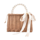 Maxbell 2xSummer Straw Bag Basket Handbag Double Handles for Market Shopping Decor Pearl Handle
